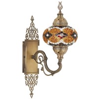 Demmex Turkish Moroccan Tiffany Style Mosaic Wall Sconce Lamp Light, Big Size Globe, Decorated Brass Body, Handmade, 15X5 Inches, Black Brown Amber