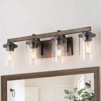 Laluz Bathroom Vanity Light Fixtures, Farmhouse Vanity Lighting With Clear Glass Shades, Faux Wood, 4-Light, 28Ͽ