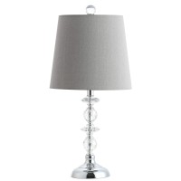 Add gracious style to the living room with this contemporary table lamp Its delicately crafted clear spheres and matching posh finial and base are perfectly paired with its complimentary grey shade An investment in modern luxury designers use in pairs