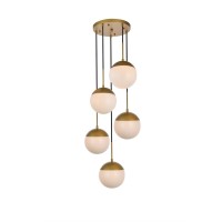 Eclipse 5 Lights Brass Pendant With Frosted White Glass