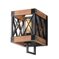 Eumyviv 1-Light Rustic Wood Wall Lamp With Mesh Cage Industrial Wall Sconce, Retro Bathroom Lamp Log Cabin Home Vintage Edison Sconce Light Fixture, Brown Wood And Black Metal(W0057)