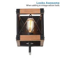 Eumyviv 1-Light Rustic Wood Wall Lamp With Mesh Cage Industrial Wall Sconce, Retro Bathroom Lamp Log Cabin Home Vintage Edison Sconce Light Fixture, Brown Wood And Black Metal(W0057)