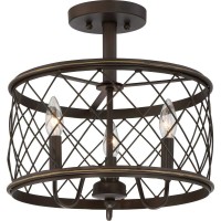 Dia15.57 Inch Trellis Cage Semi Flush Mount Ceiling Light - 3 Light Openwork Lantern Industrial Style Antique Metal Mesh Wire French Country Lamp (Aged Bronze)