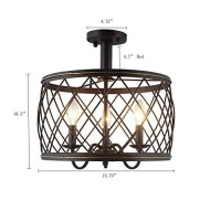 Dia15.57 Inch Trellis Cage Semi Flush Mount Ceiling Light - 3 Light Openwork Lantern Industrial Style Antique Metal Mesh Wire French Country Lamp (Aged Bronze)