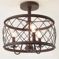 Dia15.57 Inch Trellis Cage Semi Flush Mount Ceiling Light - 3 Light Openwork Lantern Industrial Style Antique Metal Mesh Wire French Country Lamp (Aged Bronze)