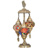 Demmex 3 Globes Turkish Moroccan Mosaic Bohemian Table Desk Bedside Night Lamp Light Lampshade, Exotic Oriental Colorful Mosaic Glasses Table Lamp, Antique Brass Color Metal Body, Handmade, 21