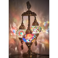 Demmex 3 Globes Turkish Moroccan Mosaic Bohemian Table Desk Bedside Night Lamp Light Lampshade, Exotic Oriental Colorful Mosaic Glasses Table Lamp, Antique Brass Color Metal Body, Handmade, 21