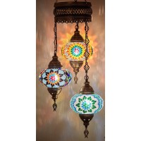 Demmex Hard-Wired Turkish Moroccan Mosaic Chandelier Light, Ceiling Hanging Lamp Pendant Light Light Fixture, Handmade, Customizable (3 Big Globes Hardwired, 37