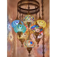 Demmex Plugin Turkish Moroccan Mosaic Chandelier Light, Ceiling Hanging Lamp Pendant Light Fixture With 15Ft 4.5Mt Cord Chain And Plug, Handmade, Customizable (9 Big Globes Plugin, 47