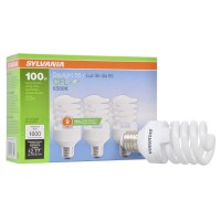 Sylvania Compact Fluorescent Spiral T2 Light Bulb, 100W Equivalent, Efficient 23W, 1600 Lumens, Medium Base, Frosted, 6500K, Daylight - 3 Pack (26352)