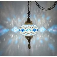 Demmex (8 Colors) Turkish Moroccan Mosaic Swag Plug In Pendant Ceiling Hanging Light With 15Feet Cord Decorated Chain North American Plug (Blue-White - 6 Diameter)