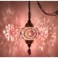 Demmex (8 Colors) Turkish Moroccan Mosaic Swag Plug In Pendant Ceiling Hanging Light With 15Feet Cord Decorated Chain North American Plug (Pinkred - 6 Diameter