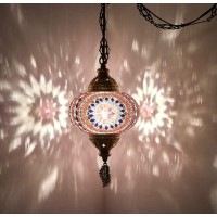 Demmex (8 Colors) Turkish Moroccan Mosaic Swag Plug In Pendant Ceiling Hanging Light With 15Feet Cord Decorated Chain North American Plug (Lilac - 6 Diameter)