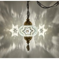 Demmex (8 Colors) Turkish Moroccan Mosaic Swag Plug In Pendant Ceiling Hanging Light With 15Feet Cord Decorated Chain North American Plug (White - 6 Diameter)