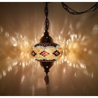 Demmex (8 Colors) Turkish Moroccan Mosaic Swag Plug In Pendant Ceiling Hanging Light With 15Feet Cord Decorated Chain & North American Plug (Brown - 6