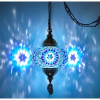 Demmex (8 Colors) Turkish Moroccan Mosaic Swag Plug In Pendant Ceiling Hanging Light With 15Feet Cord Decorated Chain North American Plug (Blue - 6 Diameter)