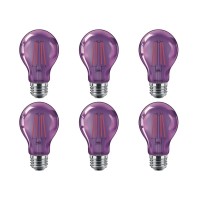 Philips Led 538256 A19 Purple Party Bulbs: Filament Glass, 4 (40-Watt Equivalent), E26 Medium Screw Base, Light, 6-Pack