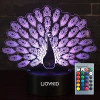 Ljoykid 3D Led Night Light Lamps - Optical Illusion 7 Colors Touch Table Desk Visual Lamp With Remote Control For Gifts For Children Kids (Peacock)