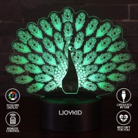 Ljoykid 3D Led Night Light Lamps - Optical Illusion 7 Colors Touch Table Desk Visual Lamp With Remote Control For Gifts For Children Kids (Peacock)