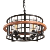 Giluta Round Chandelier With 4 Seeded Glass Shades, Oak Wood Industrial Drum Kitchen Island Light With Metal Frame, Round Farmhouse Pendant Light Fixtures For Dining Room Living Room Doorway Foyer Bar