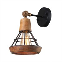 Giluta Conical Industrial Wood Wall Sconce With Cage Shade, Vintage Stylish Bathroom Lighting Log Cabin Home Retro Edison Sconce Lighting Fixtures 1-Light, Brown (W0050)