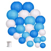 24Pcs Round Paper Lanterns For Wedding Birthday Party Baby Showers Decoration Blue/White