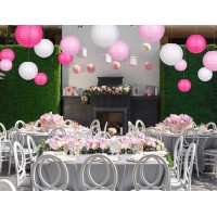 24Pcs Round Paper Lanterns For Wedding Birthday Party Baby Showers Decoration Pink/White