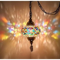 Demmex (8 Colors) Turkish Moroccan Mosaic Swag Plug In Pendant Ceiling Hanging Light With 15Feet Cord Decorated Chain & North American Plug (Multicolor - 6