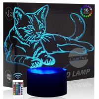 Comiwe Cat (A) 3D Illusion Night Light Toys,16 Colors Change Smart Touch & Remote Control,Home Decor Led Bedside Table Desk Lamp,Christmas Birthday Gift For Girls Boys Kids Adults Friends & Family