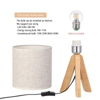 Haitral Small Bedside Table Lamp - Wooden Tripod Nightstand Lamp For Bedroom, Living Room, Office, Home With Fabric Linen Shade - 13.4 Inches (Without Bulb)