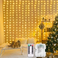 Battery Operated Curtain String Lights, 6.6?6.6Ft 200 Led Curtain Icicle Wall Lights With Remote 8 Modes Timer Waterproof Fairy Lights For Outdoor Indoor Wedding Backdrops Bedroom Decor (Warm White)