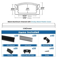 Muzata 20Pack 33Ft1M Black Led Channel System With Transparent Smoky Black Cover Aluminum Track Housing Profile For Strip Tap