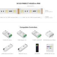 Btf-Lighting Rgbcct 5 Colors In 1 Led 5050Smd Rgbww Rgb+Dimmable Tunable Color Temperature 2700K-6500K 16.4Ft 60Leds/M 300Leds Multi-Colored Led Tape Lights Ip65 Dc12V For Bedroom Desk Home Decoration