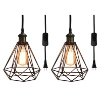 Riomasee Industrial Plug In Pendant Lighting 14.27 Ft Hanging Cord With On/Off Switch,Cage Black Metal Hanging Light Fixture For Farmhouse,Bedroom,Kitchen 2-Pack