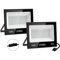 Zhma 100W Led Flood Lights Outdoor, Ip66 Waterproof Flood Lights,9000Lm Super Bright Led Work Light With Plug,6500K White Spot Light For Garage, Yard, Garden, Basketball Court Etc (2 Pack)