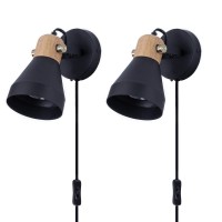 Tehenoo Wall Lamp With Plug In Cord Set Of 2, Matte Black Rotatable Wall Light With Wooden Accent For Bedroom,Living Room,Reading,Kitchen,Office