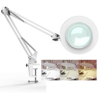 Magnifying Lamp With Clamp, 5X Magnifying Light Hands Free, Lighted Magnifier Desk Lamp With Long Swing Arm, Lighted Magnifying Glass Lamp (White)