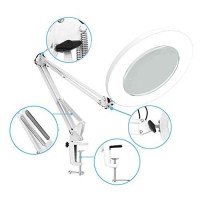 Magnifying Lamp With Clamp, 5X Magnifying Light Hands Free, Lighted Magnifier Desk Lamp With Long Swing Arm, Lighted Magnifying Glass Lamp (White)