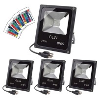 Glw 20W Rgb Led Flood Lights Color Changing Floodlight With Remote Control Ip65 Waterproof Outdoor Landscape Lighting 16 Colors 4 Mode Dimmable Wall Washer Light For Garden,Yard And More(4 Pack)