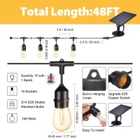 Foxlux Solar String Lights 48 Ft Led Outdoor String Lights Shatterproof Waterproof Pergola Lights 15 Hanging Sockets Lig