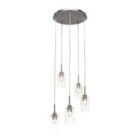 Edge 5 Light Cluster Pendalier Shown In Brushed Nickel Finish With 4 Clear Bubble Glass