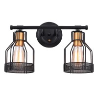 Pauwer 2 Light Industrial Bathroom Vanity Light Farmhouse Metal Cage Wall Sconce Black Bathroom Light Fixture Edison Vintage Wall Light Fixture For Bathroom Vanity Mirror Cabinet