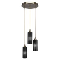 Empire 3 Light Cluster Pendalier Shown In New Age Brass Finish With 4 Black Matrix Glass