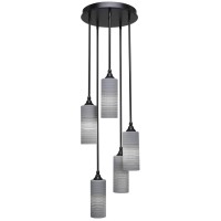 Empire 5 Light Cluster Pendalier Shown In Matte Black Finish With 4 Gray Matrix Glass