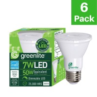 Greenlite Led Par20 Dimmable Flood Light Bulb, 7W (50W Equivalent), 500 Lumens, 3000K Bright White, Narrow Flood 40 Beam Angle, Indoor, 120V, Energy Star Certified, (Pack Of 6)