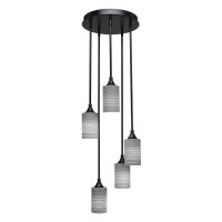 Empire 5 Light Cluster Pendalier Shown In Matte Black Finish With 4 Gray Matrix Glass