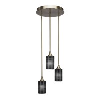 Empire 3 Light Cluster Pendalier Shown In New Age Brass Finish With 4 Black Matrix Glass