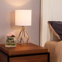 Cotulin Gold Modern Hollow Out Base Bedroom Small Table Lamp,Bedside Nightstand Lamp With Geometric Metal Base White Fabric Shade,Cute Desk Lamp For Kids Living Room