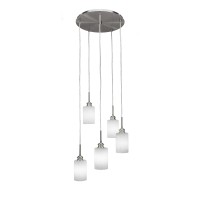 Edge 5 Light Cluster Pendalier Shown In Brushed Nickel Finish With 4 White Muslin Glass