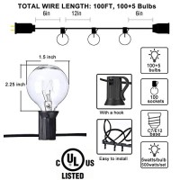 Abeja Outdoor String Light 100 Ft G40 Patio Lights With 105 Edison Glass Bulbs E12 Socket Base (5 Spare) Globe Clear Hanging Lights For Backyard Balcony Deck Party Decor, Not Connectable, Black